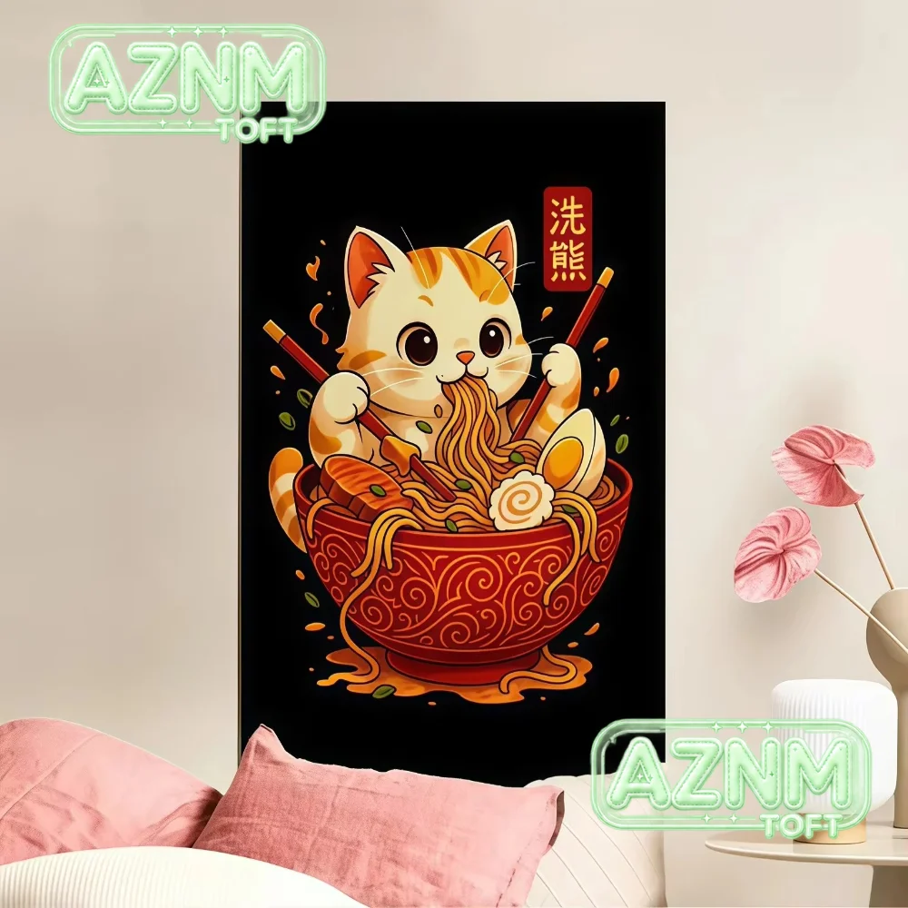 Japanese Cat Eating Lamian Noodles Abstract Art Poster Canvas Print Modern Kitchen Dining Room Wall Decor for Living Room Hom