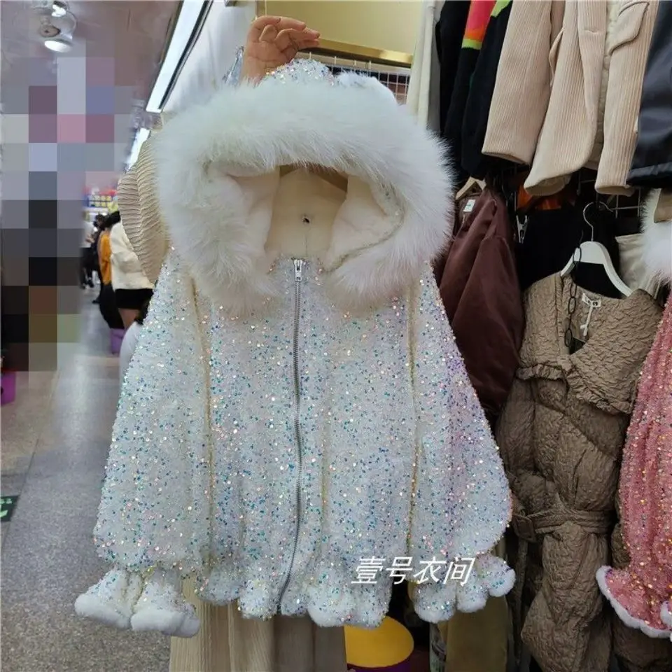 レディースジャケット 冬用 厚手コットン服 大きなファーカラー付きコート スパンコールがおしゃれ