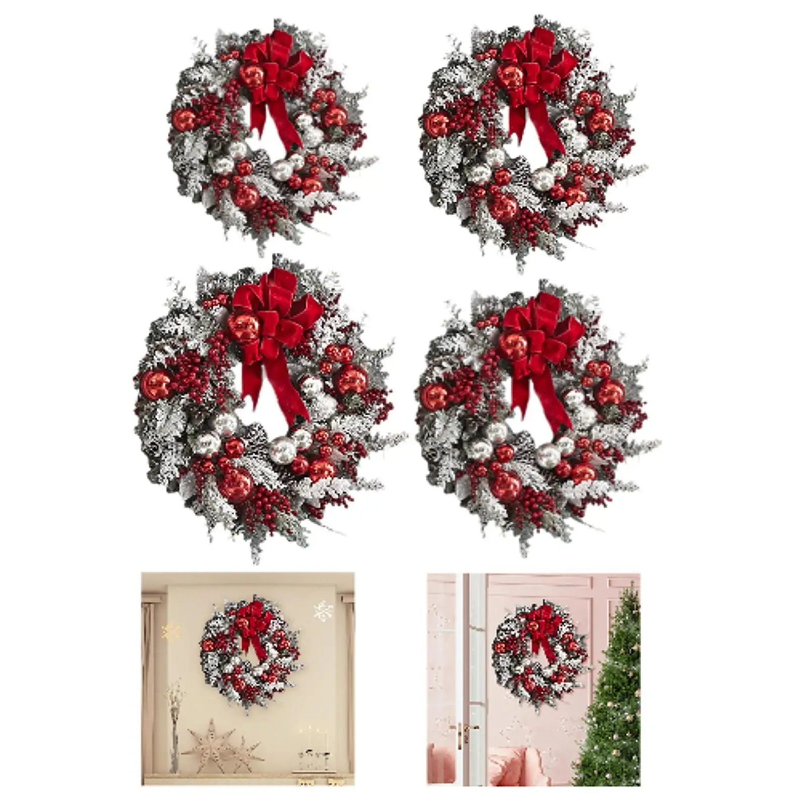 Christmas Flocking Wreath Xmas Gift Winter Wreath Artificial Wreath Hanging Ornament for Indoor Farmhouse Office Cafe Window