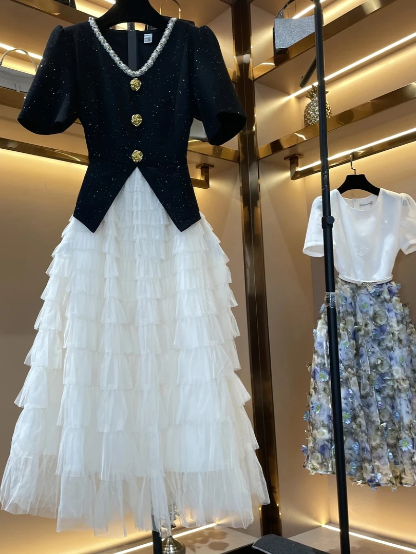 Nova bela malha em camadas saia retalhos vestido flor dourada único breasted chique com decote em v elegante vestido de festa francês jovens