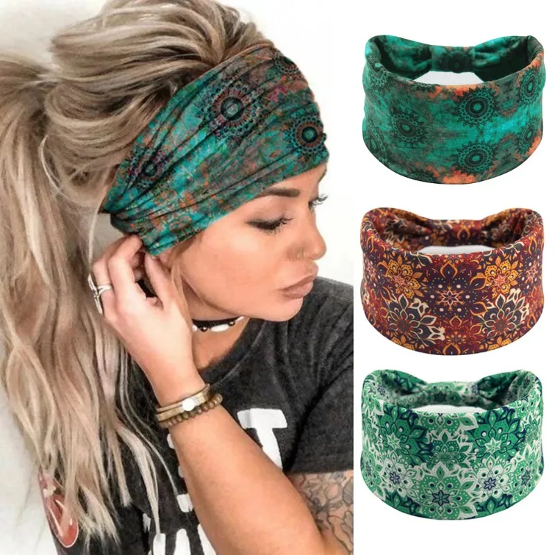 Bohemian Elastic Headband Vintage Mandala Flower Printed Sweat-absorbent Hair Accessories for Women Hairband