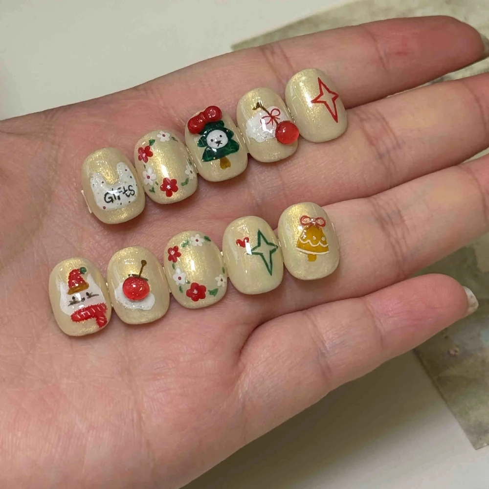 10 Pcs Handmade Press On Nails 2024 Christmas New Luxury Cute Red Coffin Limited Short Fake Nails Design Art DIY Nail with Set