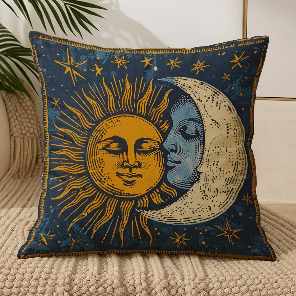 Boho Celestial Sun & Moon Print Throw Pillow Cover, Vintage Tarot Style Starry Night Decorative Cushion