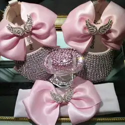 Dollbling Pink Ribbon Shining Pearls Diamond Baby Girl Shoes Pacifier Headband Keepsake Wedding Gift Newborn Birthday Pageant