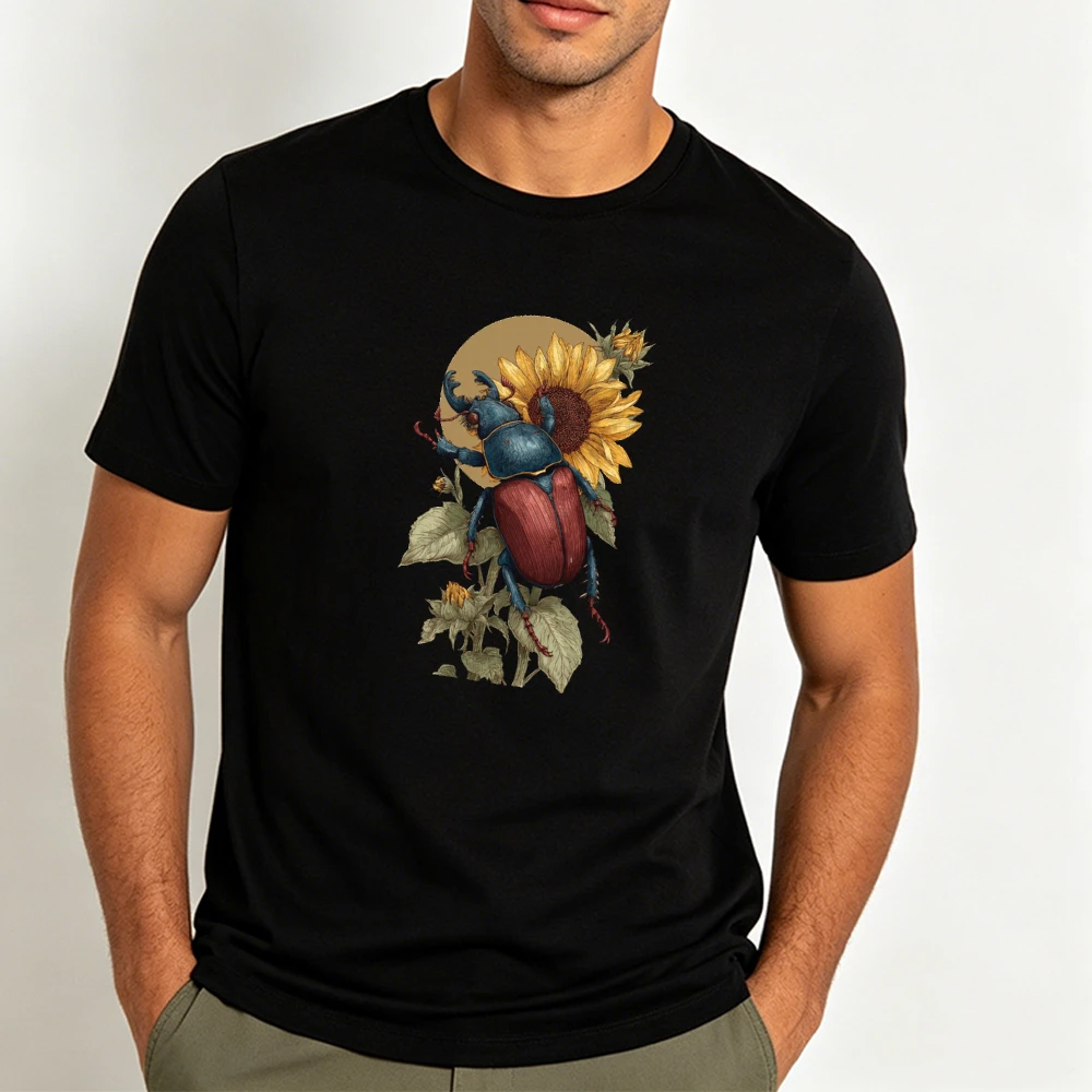 Stag Beetle Sunflower Round Background Men Summer T Shirt Retro Dark Nature Bug Graphic Casual Daily Holiday Top