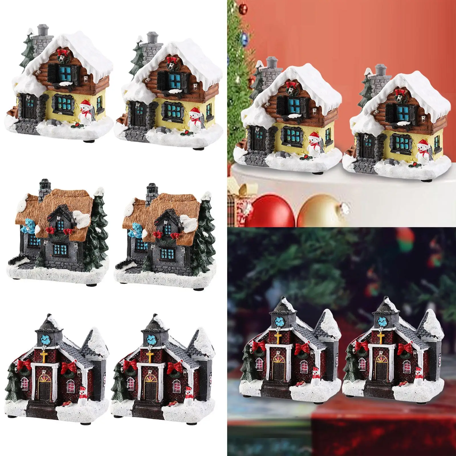 2 Pieces Lighted Christmas Village Figurine Resin Table Centerpiece for Desk