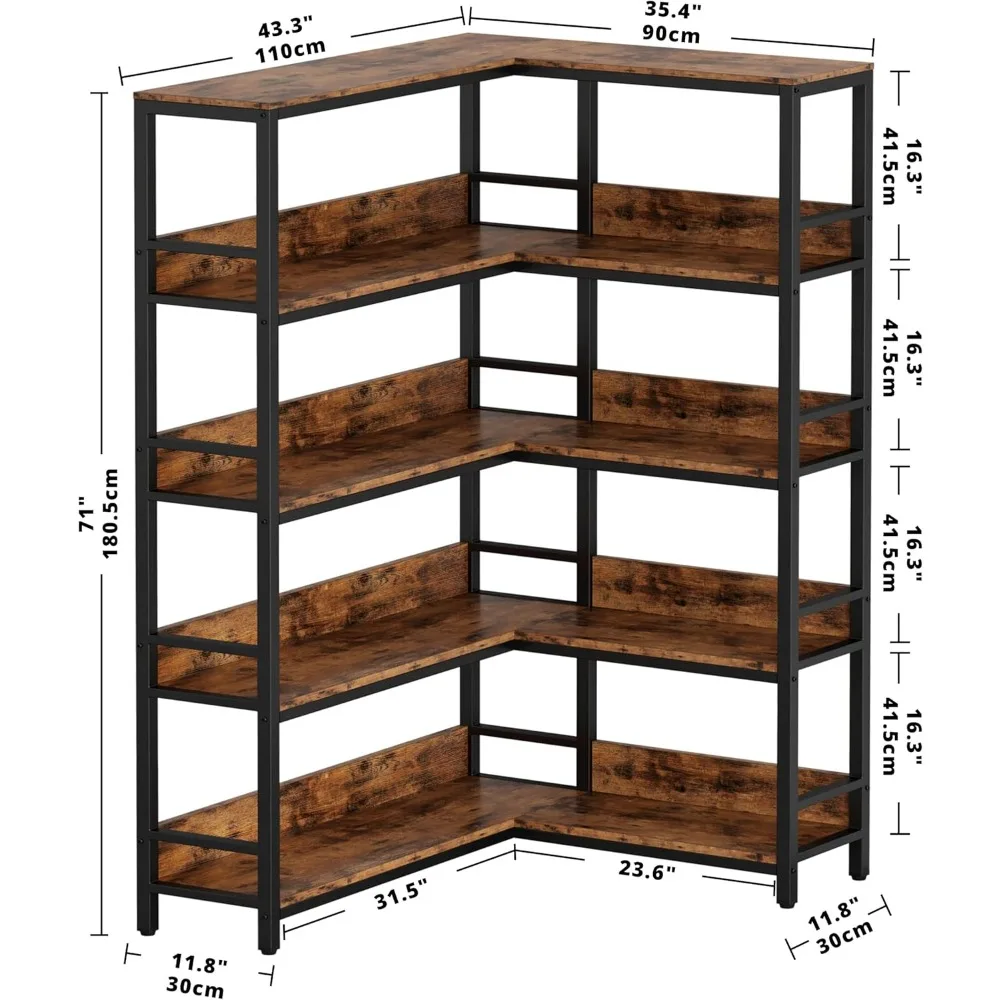 Estanterías industriales Librerías de esquina de 5 niveles con deflectores Estante de almacenamiento Etagere con estructura de metal, estantes