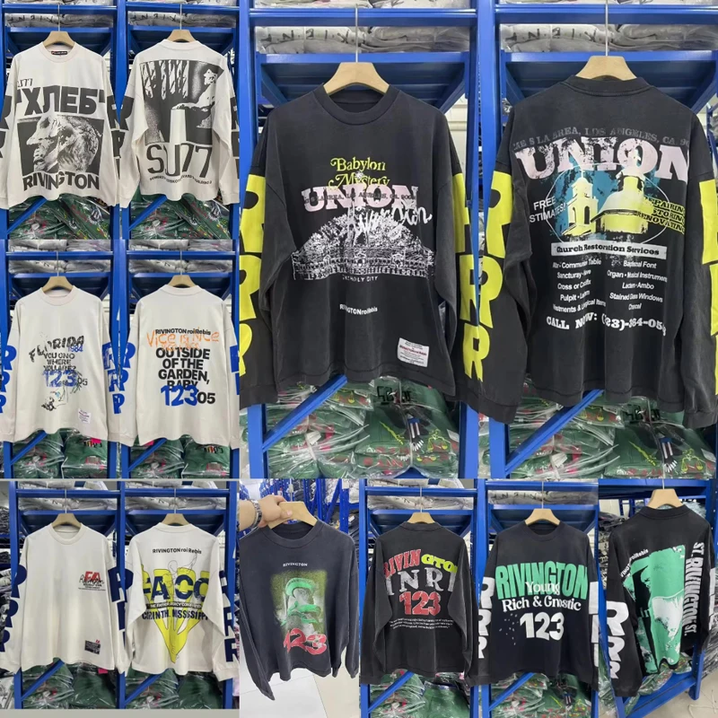 RRR-123 Long Sleeve Retro Washed Series High Quality Casual Loose Hip-hop Pattern T-shirt Men Women