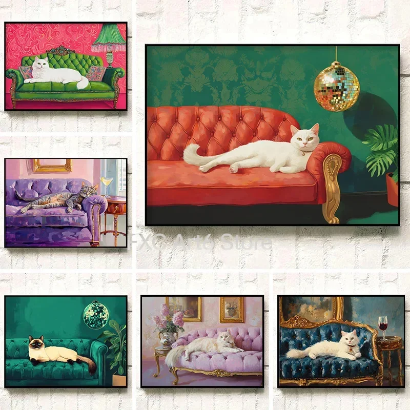 Rahmenlose weiße Sibirische Tabby-Katze mit Discokugel Poster Druck Wandkunst Bilder Leinwandmalerei Wohnzimmer Schlafzimmer Heimdekoration