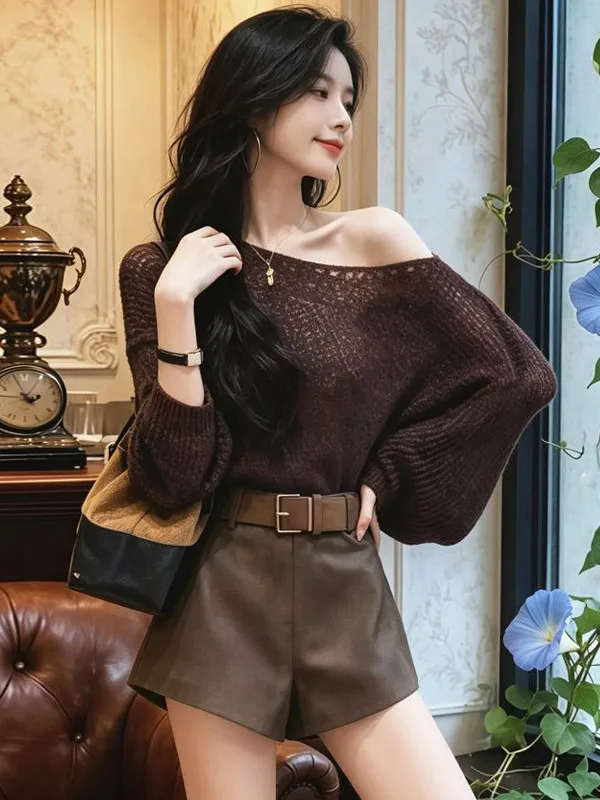 Early Autumn Knitted Shoulder Bared Women's Set plus Size Slimming Short Pants Casual Style Two Piece Ensemble Fashionable