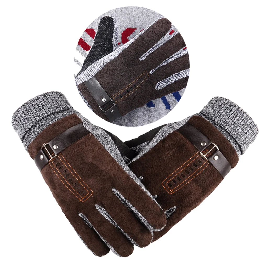 

Мужские зимние перчатки кофейного цвета, универсальный размер, теплые, толстые, из свиной кожи, ветрозащитные, с термофлисом, для катания на лыжах, вождения, езды на велосипеде, мотоцикле