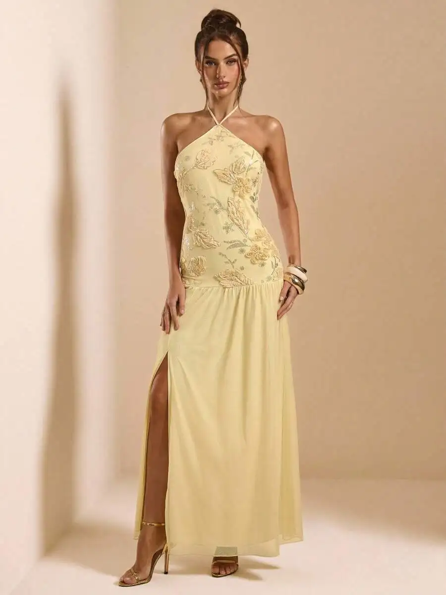 

Yellow Embroidered Beaded Halter Neck A-Line Maxi Dress With Side Slit