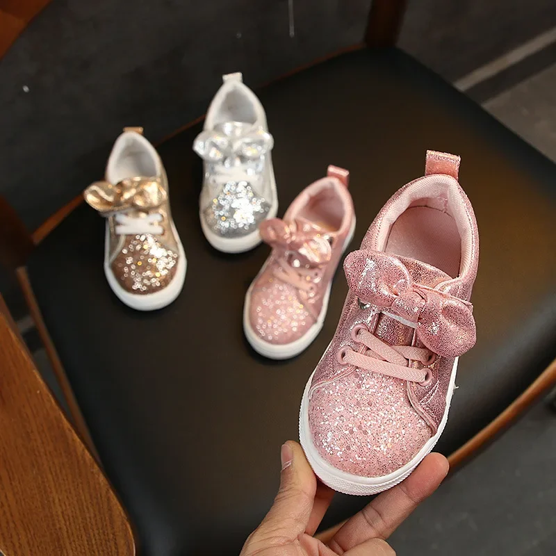 2020 Spring Autumn Girls Shoes Baby Sneakers Children Casual Shoes Fashion Bow-knot Glitter Leather Non-slip Flat Princess Shoes