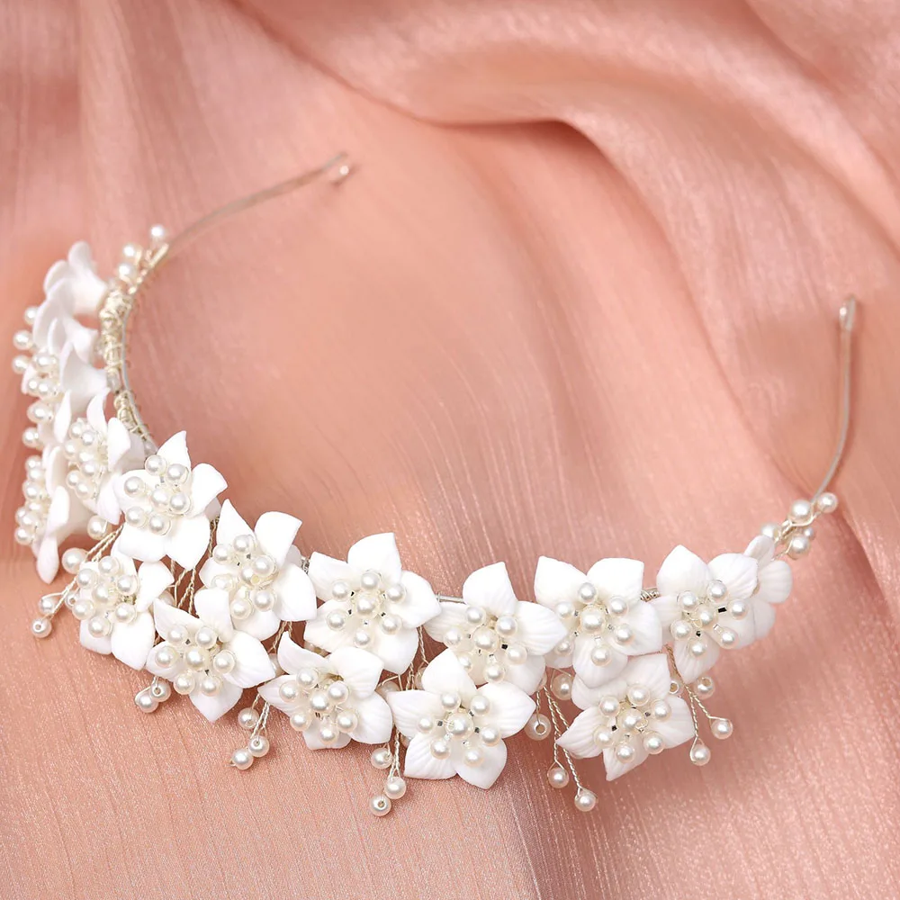 SLBRIDAL Handgemachte Kristall Strass Perlen Keramik Blume Braut Tiara Hochzeit Brautjungfern Party Krone Frauen Mädchen Haar Schmuck – Detail 6