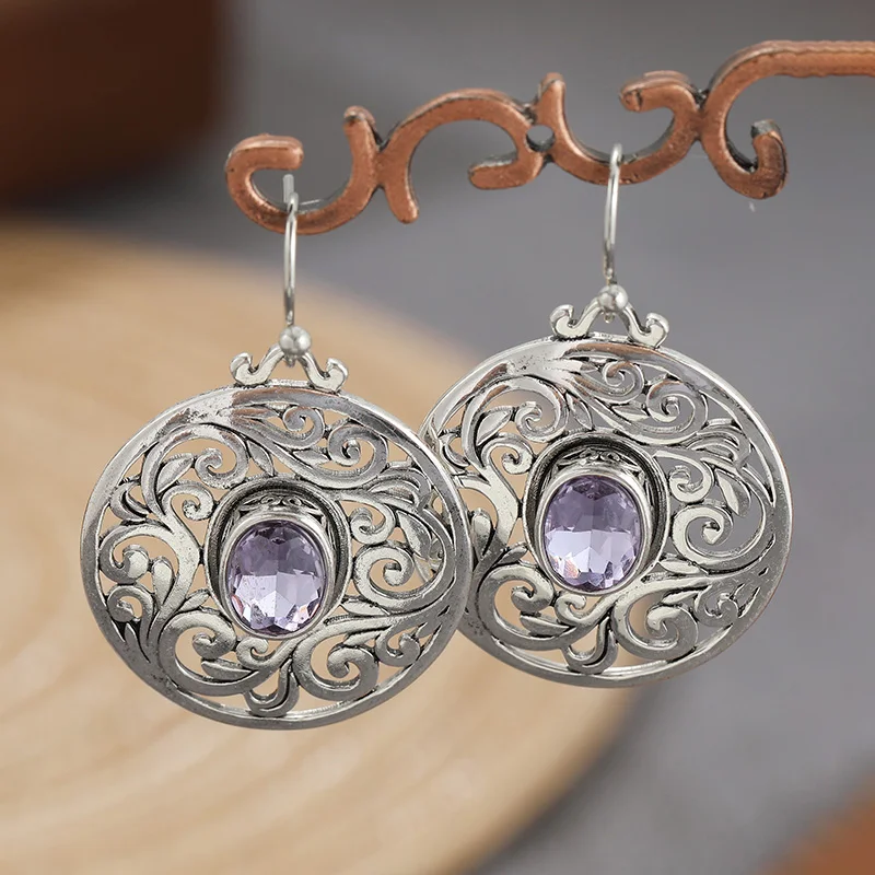 Bohemian Style Hollowed Pattern Pendant Earrings with Purple Synthetic Zirconia Women's Vintage Elegant Banquet Festival Jewelry