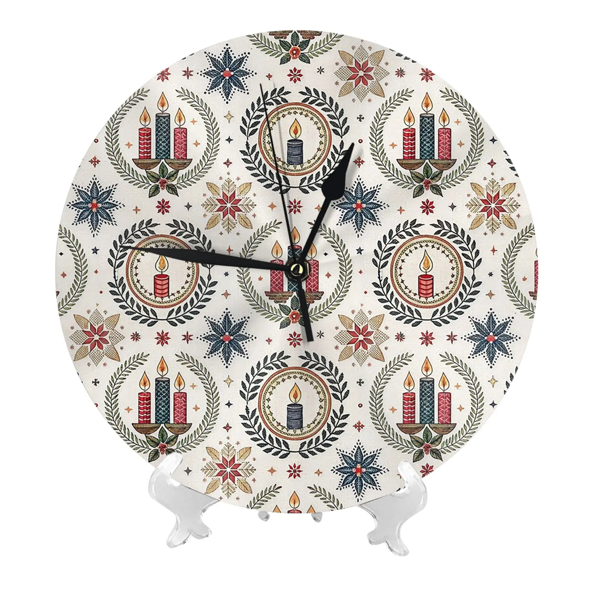 Candles and Wreaths  Nordic Christmas Folk Wall Clock Room Decoration Silent Round Clock for Bedroom Living Kitchen Home