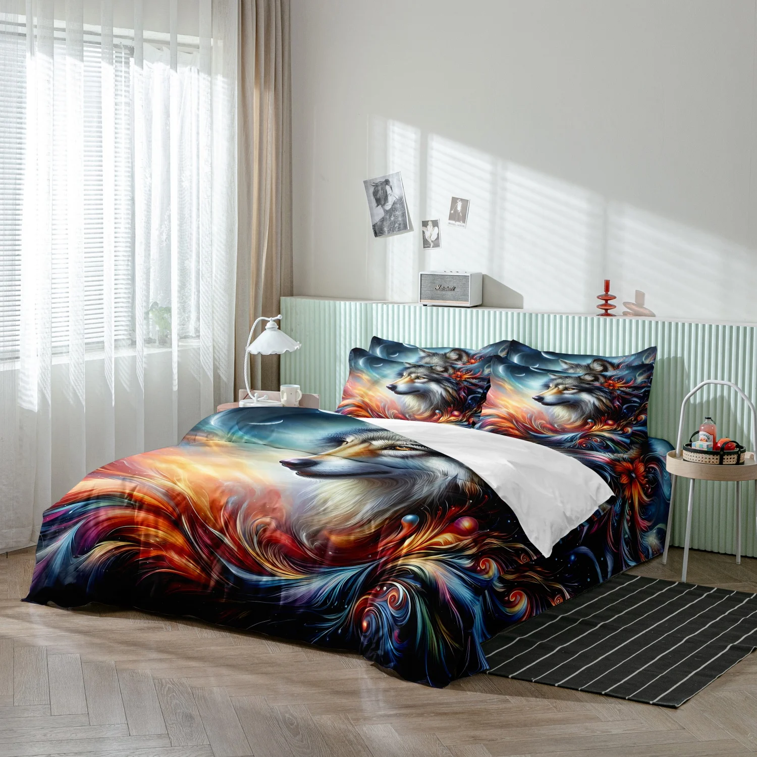 Fantasy Color Swirl Galaxy Wolf Print Duvet Cover Set, 3Pcs Vibrant Nebula Starry Moon Wild Wolf Art Pattern Bedding