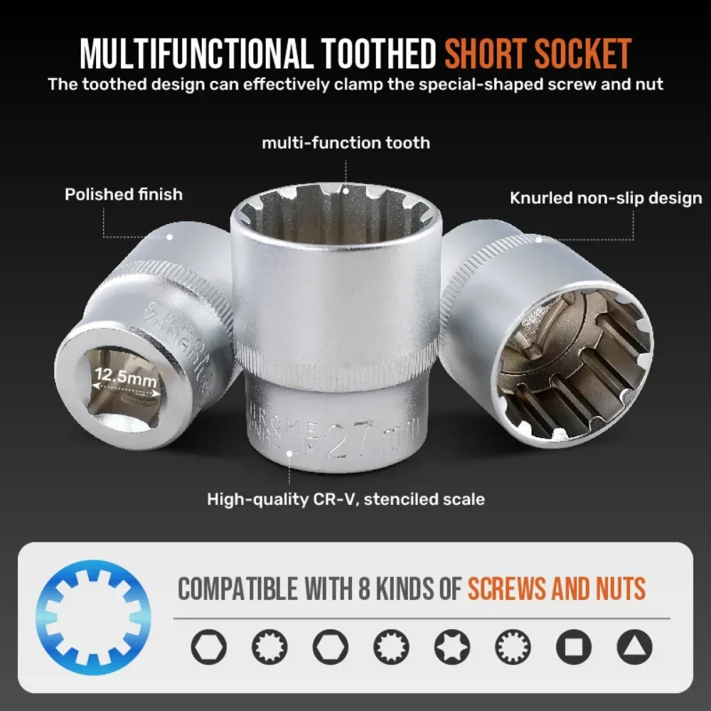 Multifunctional 19pc 12 Point Torx Socket Wrench Set Hex Torx Splined Bit Socket Set Hex Socket Repair Tool Kit Lock SocketCrv