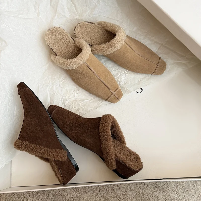 MKKHOU Women Fleece Lined Suede Mules Square Toe Slip On Backless Warm Winter Flat Slipper Shoes