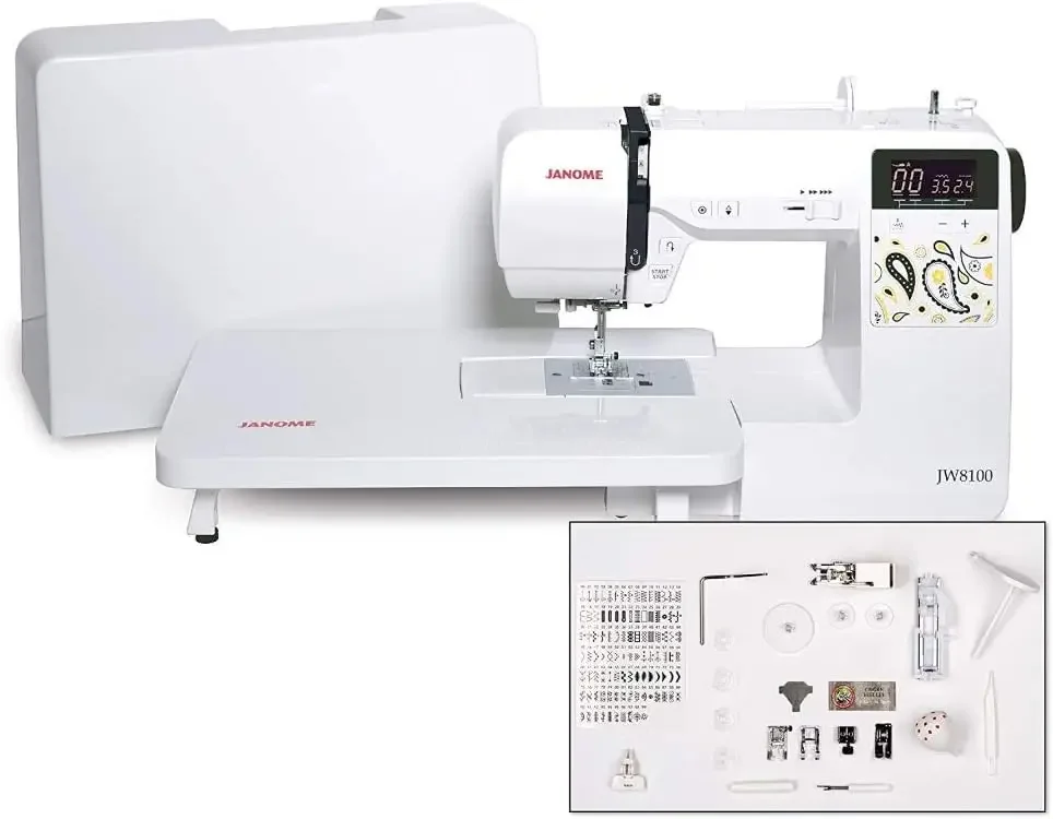 

Janome JW8100 Fully-Featured Computerized Sewing Machine with 100 Stitches, 7 Buttonholes, Hard Cover, Extension Table