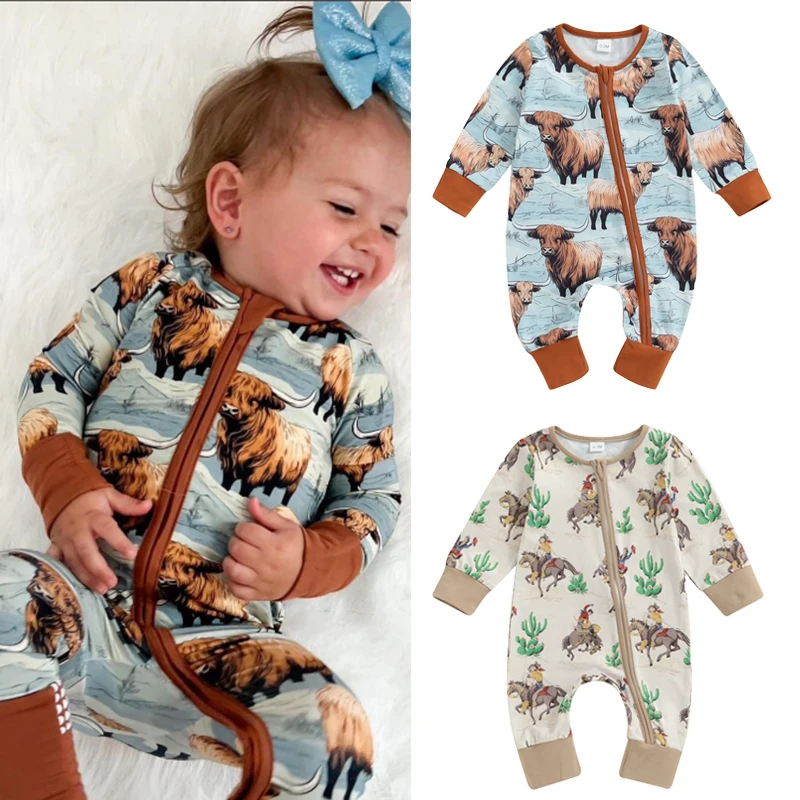 FOCUSNORM 0-12M Infant Baby Boys Western Jumpsuit Long Sleeve Horse Cactus Print Zipper Autumn Romper Clothes