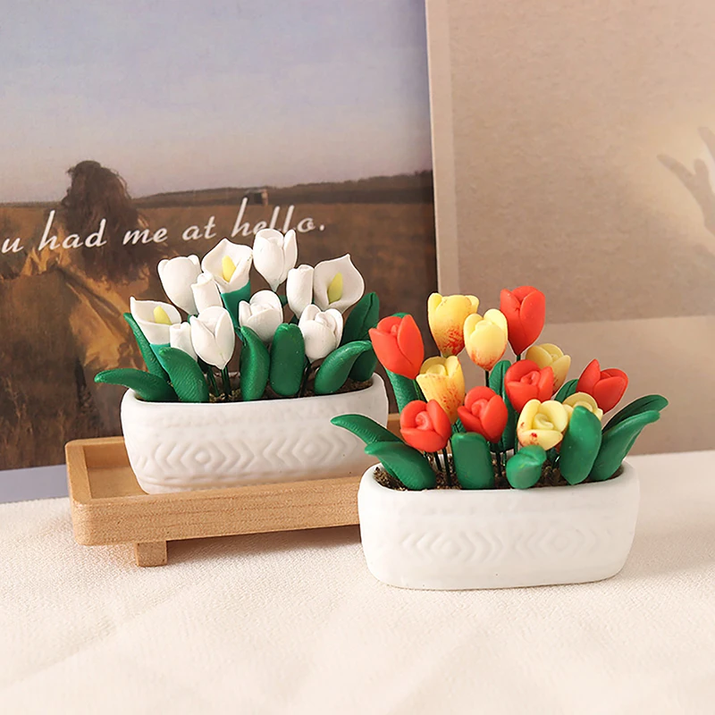 1/12 Dollhouse Miniature Accessories Mini Tulip Potted Plant Simulation Garden Flower Model for Doll House Decoration