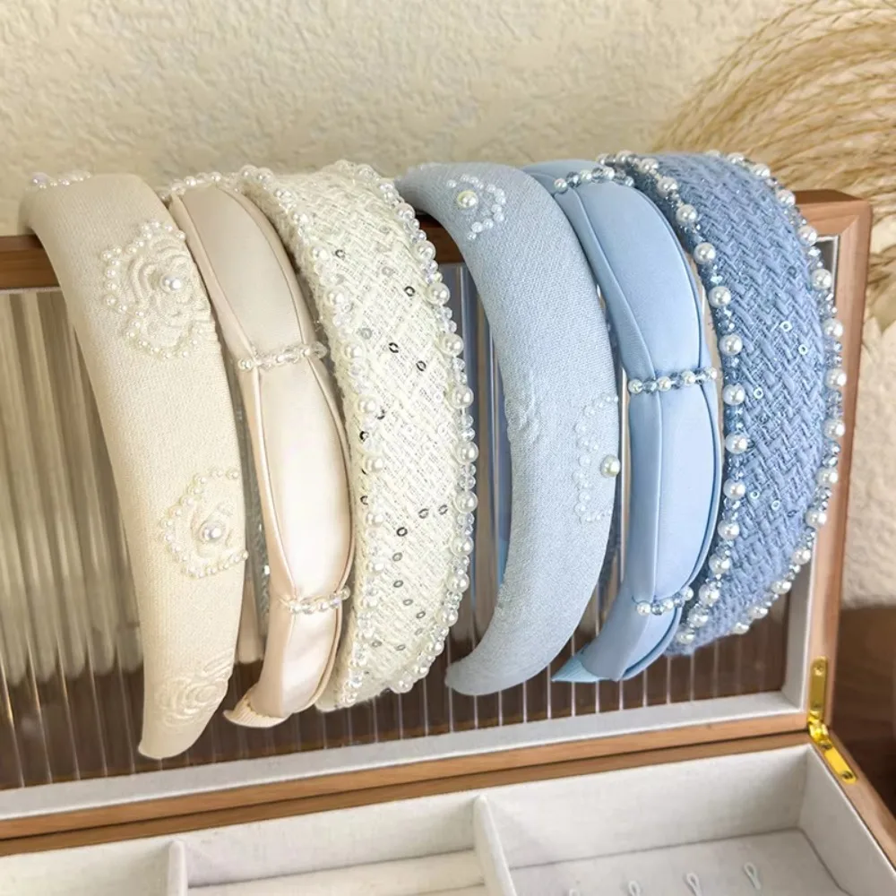 

Retro Rose Print Women Headband Beige Blue Sweet Hair Band Elegant Pearl Crystal Hair Hoop Lady Party