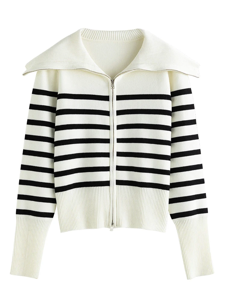 FSLE Simple Style Striped Cardigan Knitted Jacket Women Autumn Winter 2022 New Chic Sense Loose Cozy Wind Sweater Female