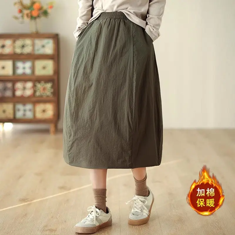 2024 Winter Retro Simple Cotton Padded Thick Large Size Skirt Warm And Fashionable Versatile Mid Length Skirt Casual Faldas A498