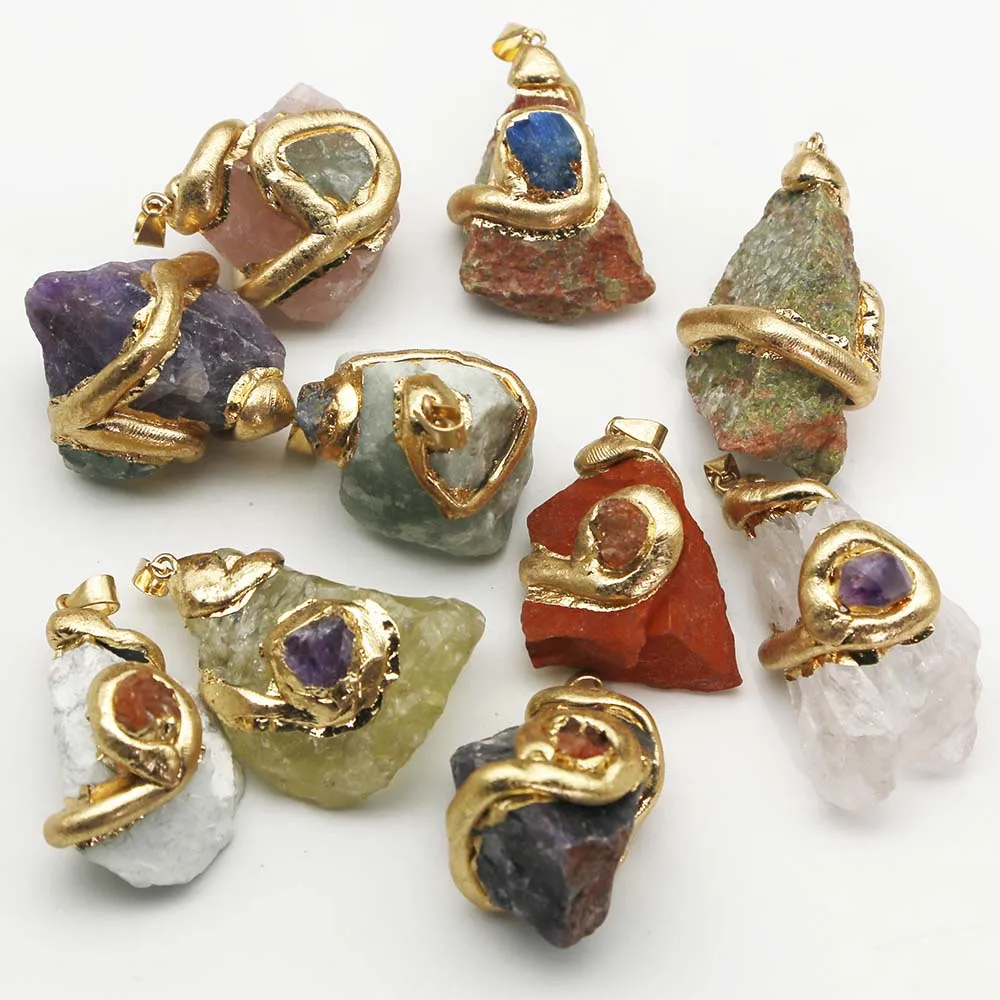 

Natural Raw Stone Gilt Irregular Pendant Multicolor Crystal Oversized Necklace Charms Sweater Jewelry Accessories Wholesale 6Pcs