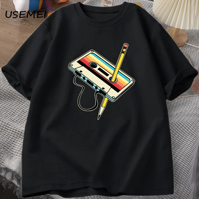 80s Cassette Tape Pencil T Shirts Men Women Retro Vintage Throwback Music Short Sleeve Graphic T Shirts Cotton Casual 90s Tees