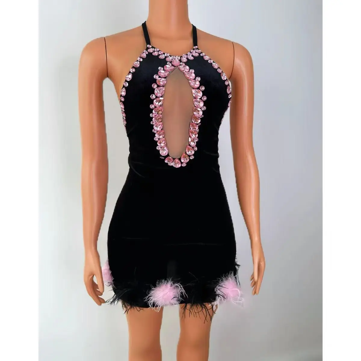 Bar DJ Nightclub Female Singer Stage Costume Sexy Fluffy Back Hanging Neck Short Skirt Dance Team Party Theme Show Clothing