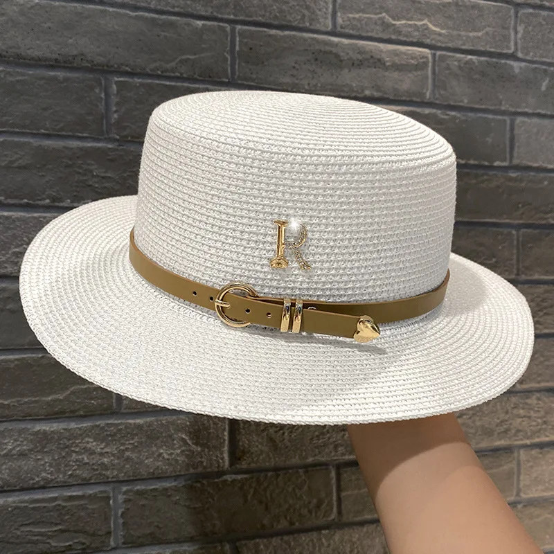 Summer Flat Top Straw Hats for Women New Metal R Letter Fashionable Beach Sun Hat Females Elegant Holidays Boater Hat