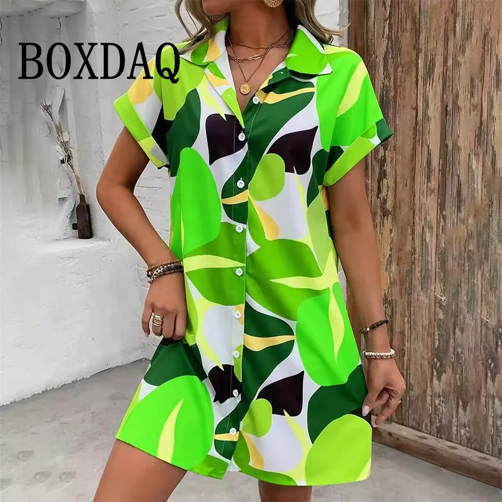 2025, Sommer-Damenkleid, modisch, kurzärmelig, Hemdkleid, 3D-Blattdruck, täglich, lässig, Revers, Knopf, kurzes Kleid, Basic, lange Oberteile