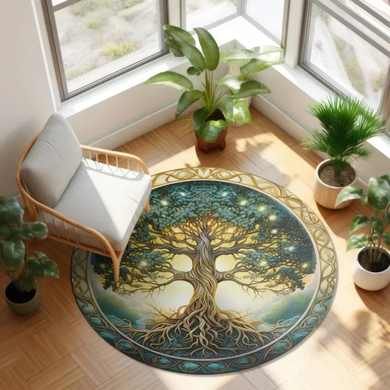 Celtic Tree of Life Chenille Large Round Area Rug Nature Mandala Design Ancient Spiritual Decor Bedroom Living Room Circle Rug