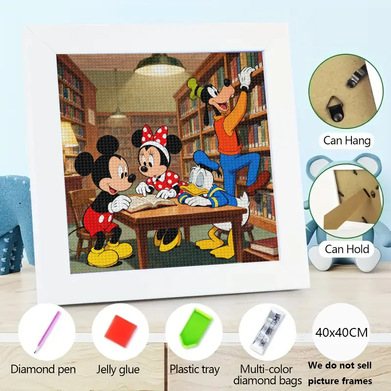 

1PC 5D DIY Full Drill Diamond Painting Kit Featuring Mickey Mouse, Minnie Mouse, Donald Duck & Goofy Reading in Library Scene, R