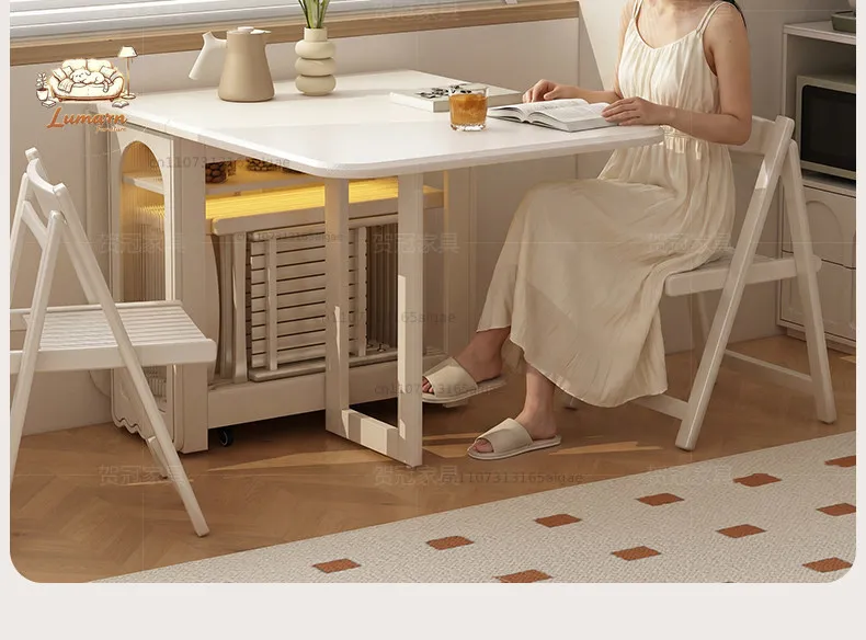 White solid wood folding dining table integrated dining side cabinet