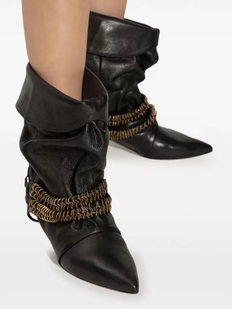 Women's Spring and Autumn Low Heel Folded Pile Short Boots Metal Buckle Chain Fashion Pointed Large Women's Ankle Boots