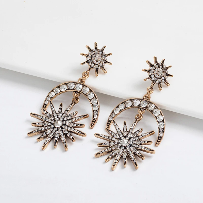 

Celestial Jewelry Vintage Gold Plated Crystal Rhinestone Sun Moon Crescent Starburst Star Dangle Statement Earrings for Women