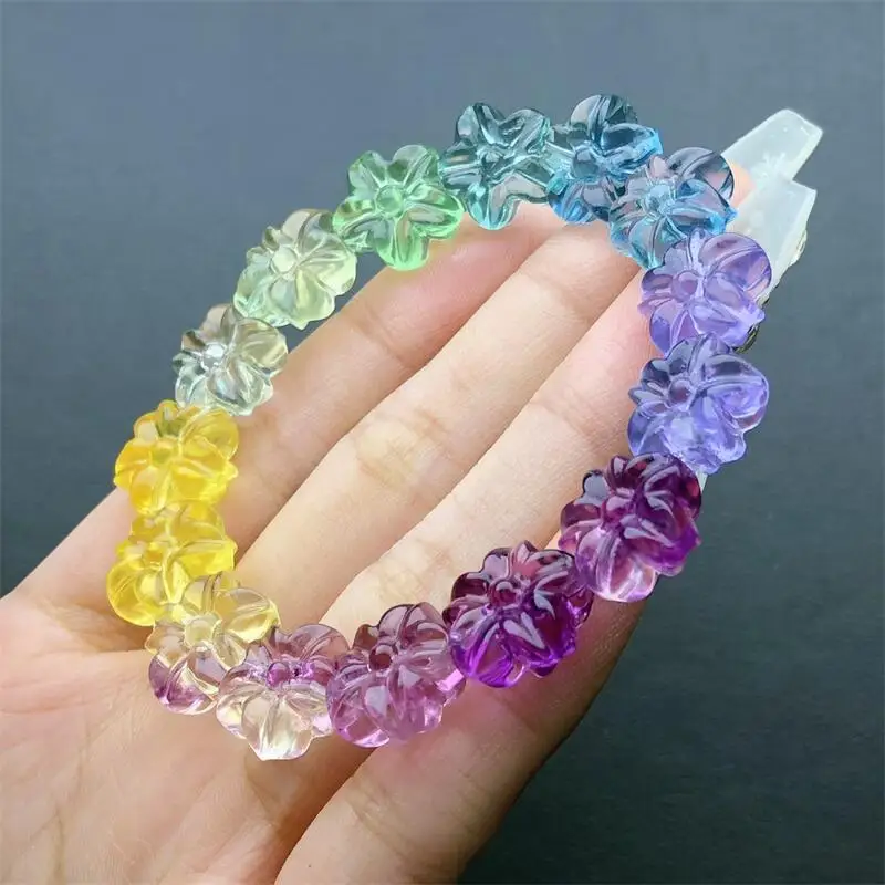 Natural Fluorite Small Flower Carving Bracelet Reiki Healing Energy Crystal Stretch Bracelet Couple Jewelry Gift 1PCS