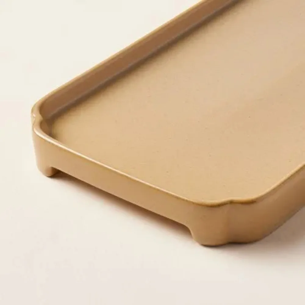 Bandeja de vaidade de grés 6x11" - Organizador de balcão de banheiro marrom mel para maquiagem, anéis, chaves |   Decoração moderna para casa
