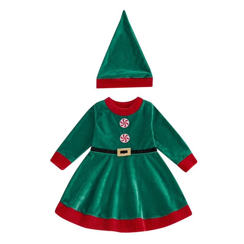 Toddler Girl Christmas Dress Velvet Cute Elf Outfit Xmas Holiday Dress Up Santa's Helper Costume with Socks Hat