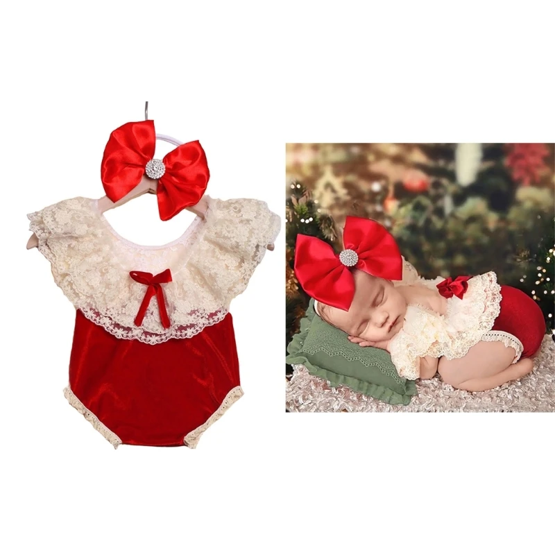 

Infant Photography Props Christmas Red Romper Bowknot Headband Baby Photo Suit Photoshooting Clothes Newborn Shower Gift A2UB