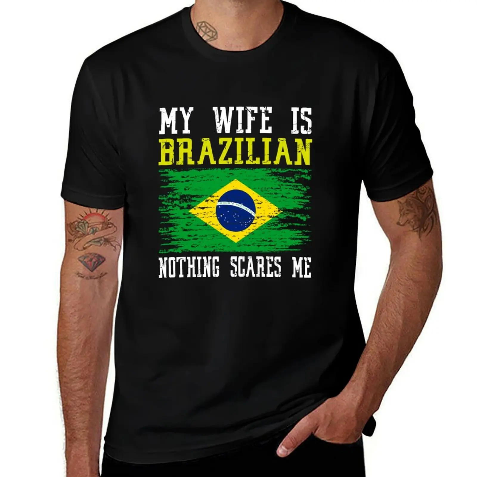 

My Wife Is Brazilian Nothing Scares Me Brazilian Flag T-Shirt Sweat Absorbing Sports Tee Shirt