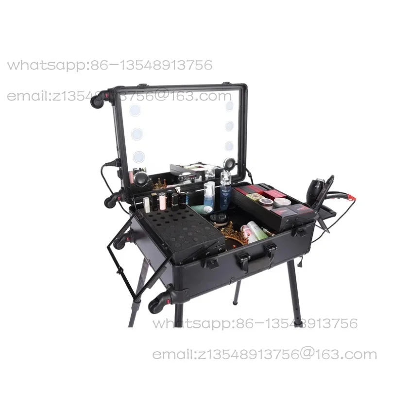 

Aluminum professional rolling cosmetic trolley case, mirror with LED light