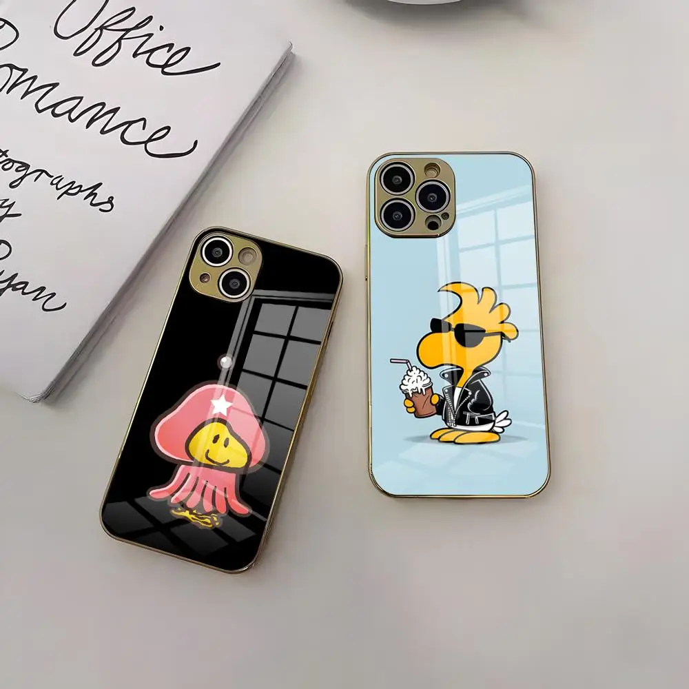 W-Woodstock Peanuts S-Snoopy Phone Case Luxury Brief Golden Case For IPhone16 15 14 Plus 13 11 12 Pro Max Electroplating Cover