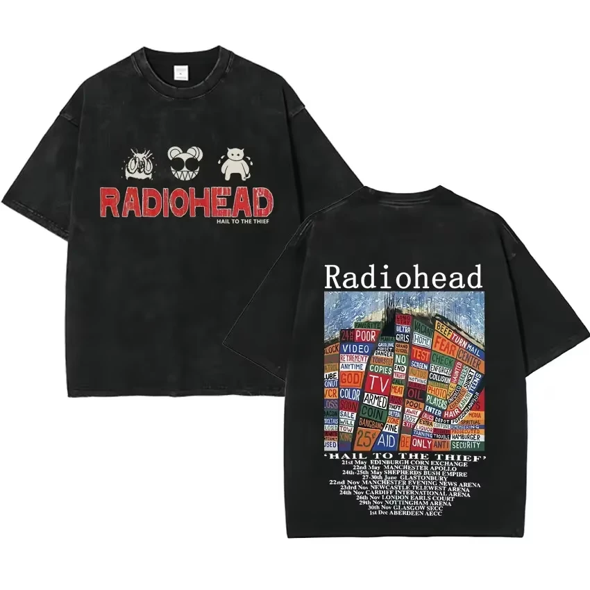 Fashion Classic Radiohead Tour Print T Shirts Mens and Women T Shirts Washed Black T-shirt Trend Hip Hop Retro Short Sleeve Tee