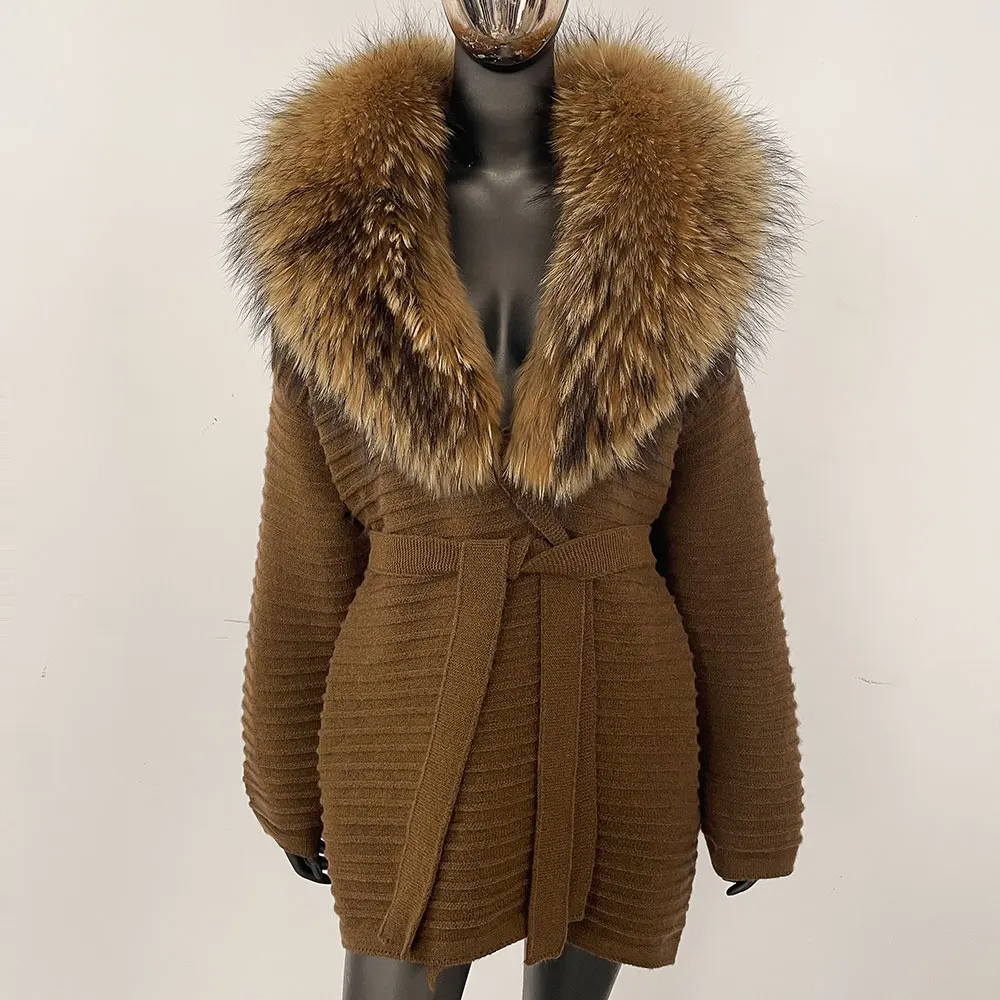 

2025 Real Fur Knit Coat Women Winter Real Fox Fur Knitted Oversize Cardigan Decoration Lady Sweater Natural Raccoon Fur Coat