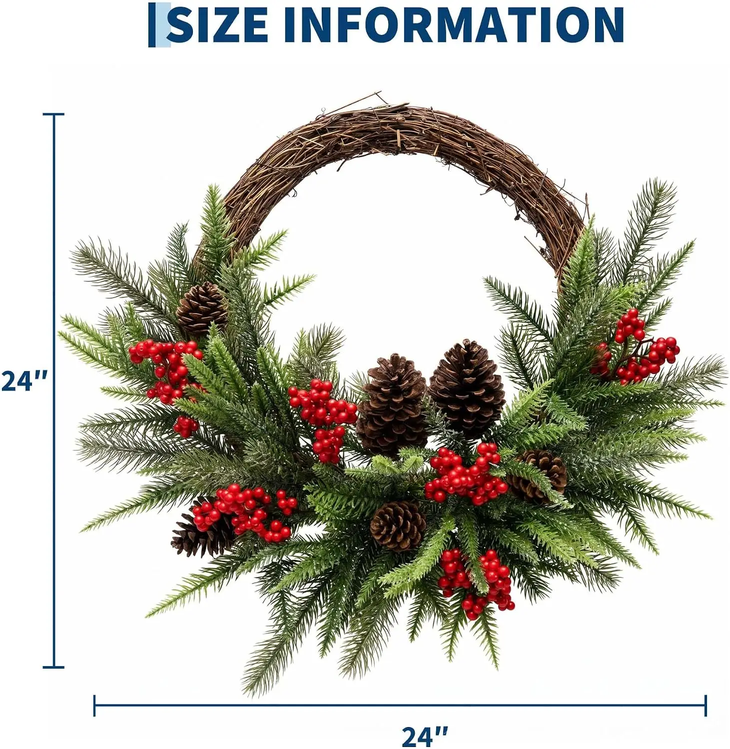 24 Inch Christmas Wreath for Front Door, Half Wreath with LED Lights, Artificial Xmas Wreath with Pine Cones & Red Berries, Holiday Decorations for Porch, Window & Wall