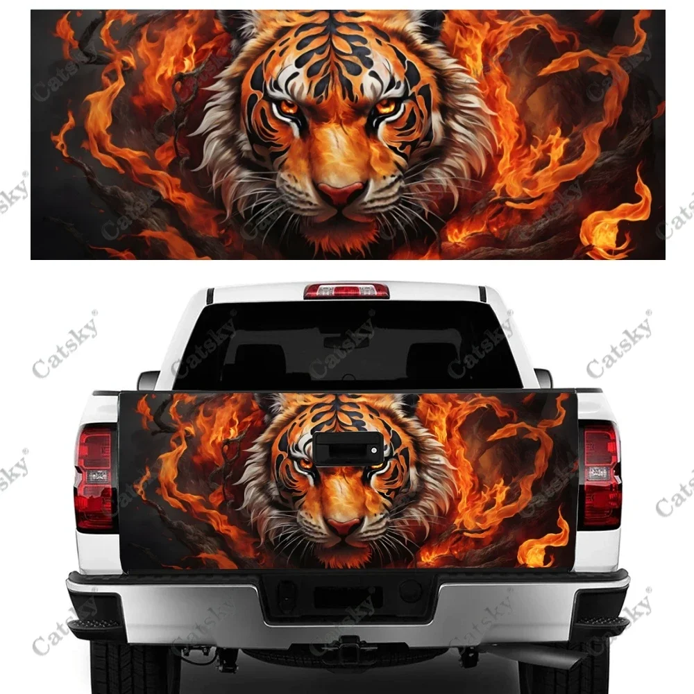 Angry Tiger With Flames Truck Tailgate Wrap Professional Grade Material Universal Fit for Full Size Trucks Weatherproof